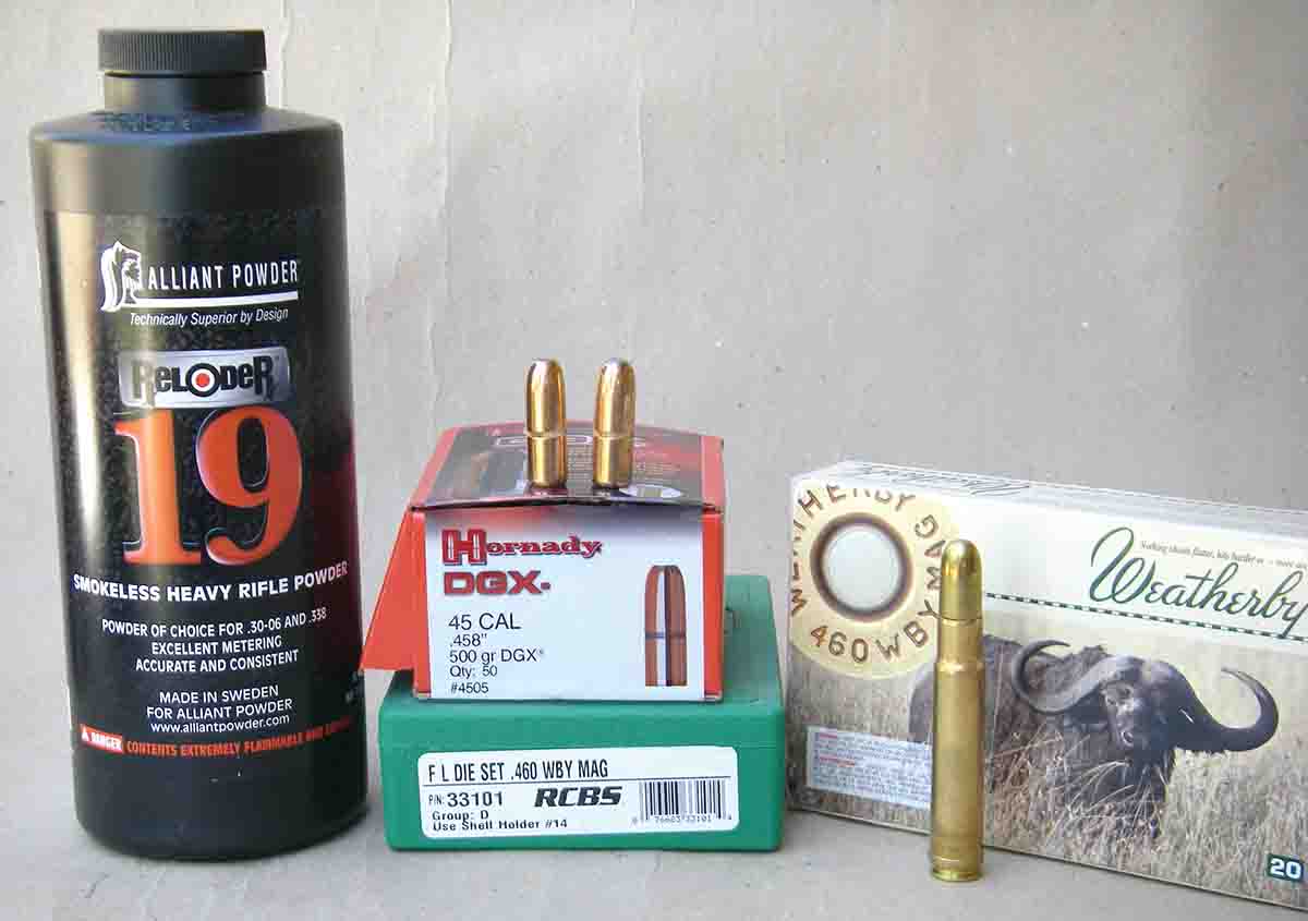 Alliant Reloder 19 powder will duplicate .460 Weatherby Magnum factory-load velocities using Hornady 500-grain DGX and DGS bullets.